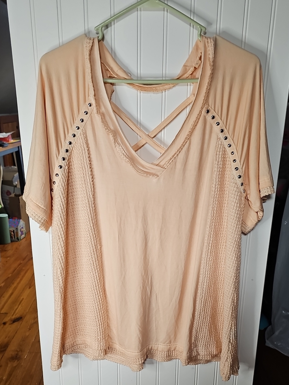 POL Peach Crossback Short Sleeve Top with Stud Details
